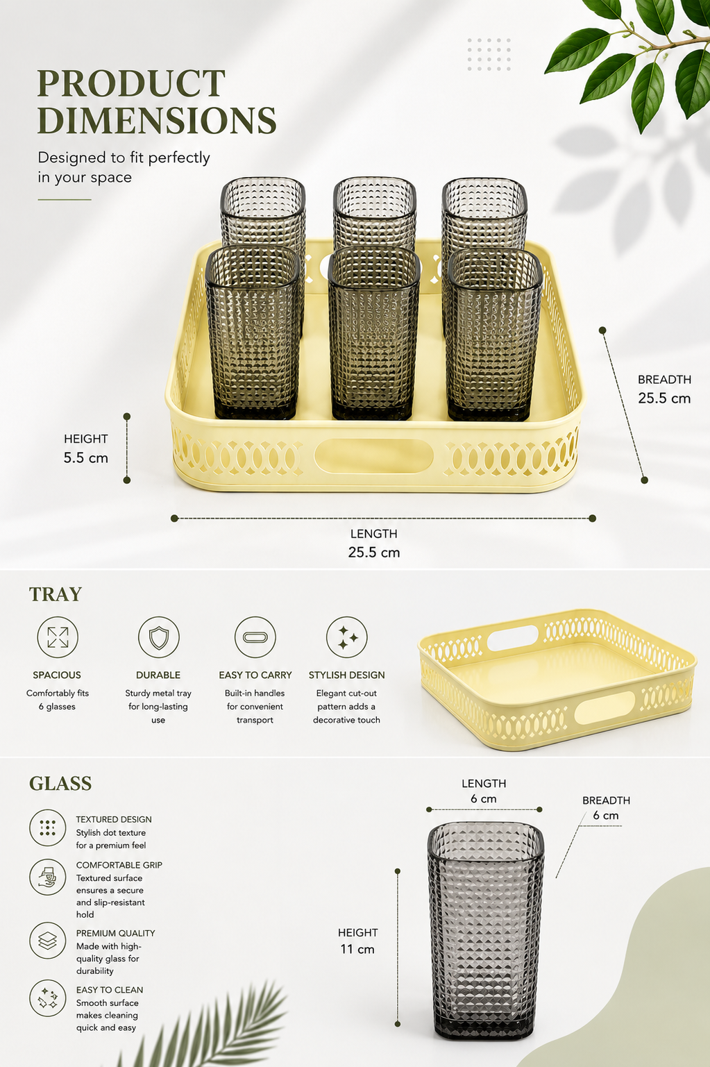 Premium Textured Glass Tumbler Set with Metal Serving Tray | 6 Smoke Grey Drinking Glasses & Decorative Metal Tray for Water, Juice, Cocktails, Mocktails & Everyday Serving
