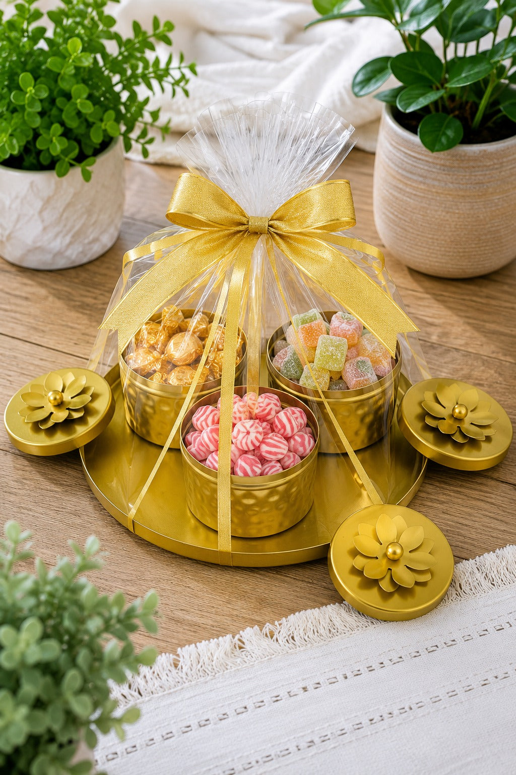 Premium 3 Piece Metal Storage Container Set with Round Serving Tray | Gold Dry Fruit, Mukhwas & Spice Container Set | Decorative Kitchen Organizer for Home, Dining & Gifting