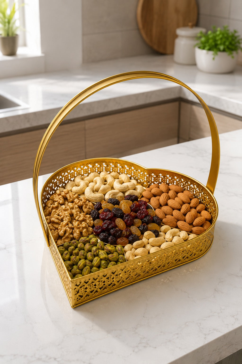 Premium Large Heart-Shaped Metal Gift Hamper Basket with Handle | Decorative Gold Serving Tray for Dry Fruits, Chocolates, Gifts & Festive Hampers | Luxury Organizer for Home Décor, Weddings & Diwali