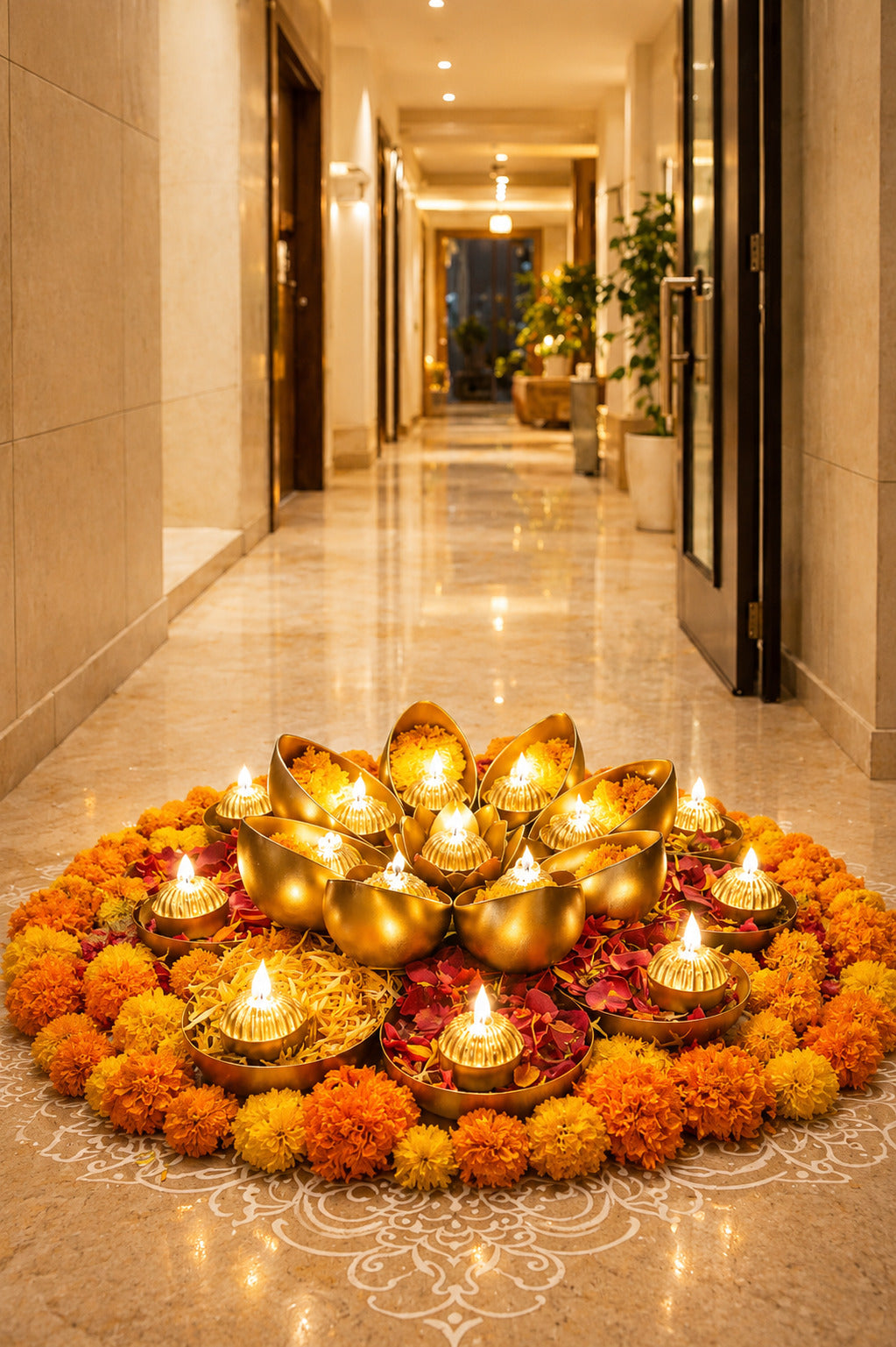 Golden Metal Urli Cum Tealight Holder Set | Decorative Diya & Flower Urli for Festive Home Décor