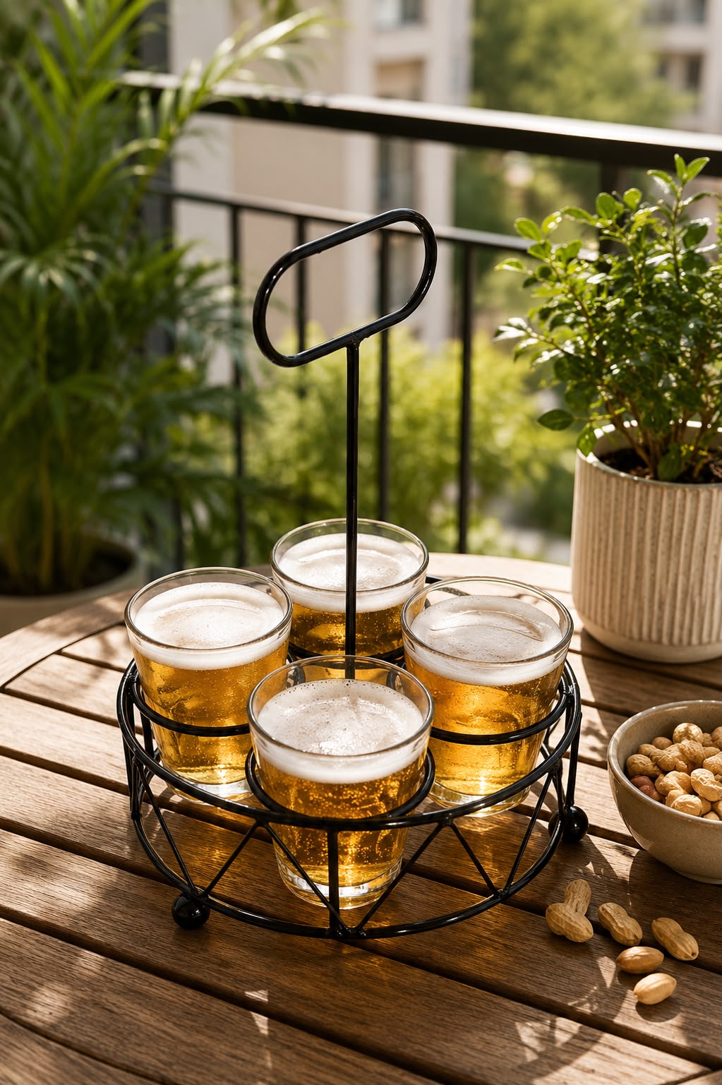 Shot Glass Set Of 4 With Metal Stand | Amber Glass Mini Shot Cups With Round Iron Holder | Dhaba Style Serving Set For Vodka Tequila Whiskey
