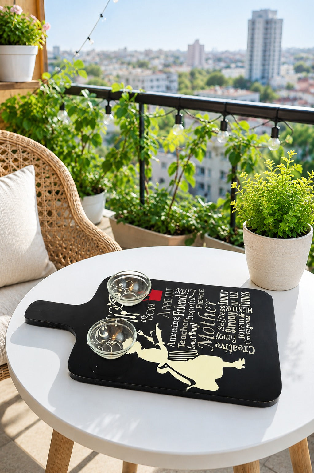 Premium MDF Serving Platter with Handle | Wooden Snack & Pizza Serving Board | Serving Tray with 2 Glass Dip Bowls | Cheese, Burger, Fries & Appetizer Platter | 44 x 25 cm