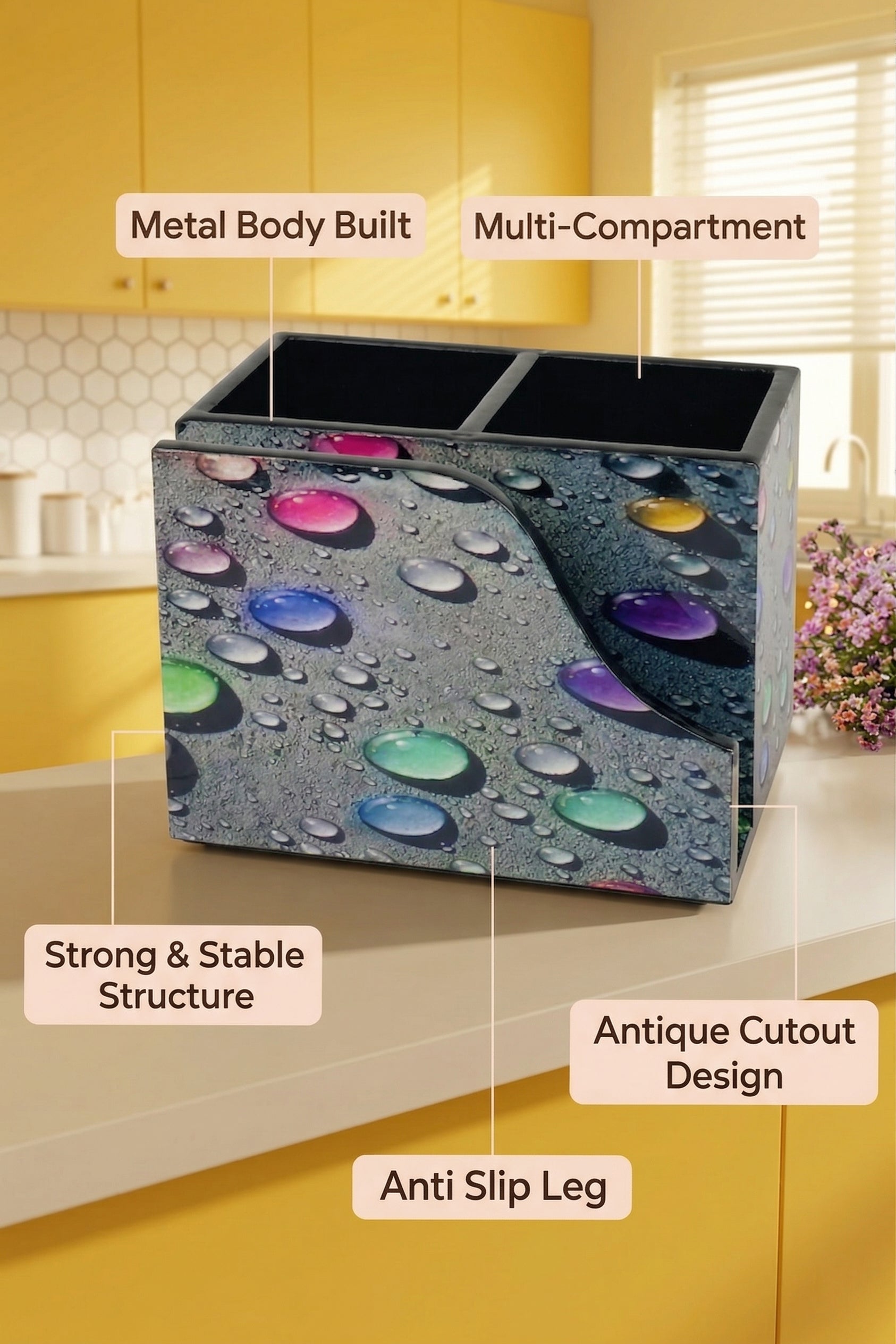 Premium MDF Cutlery & Napkin Holder | Designer Bubble Printed Wooden Organizer with Dual Compartments | Spoon, Fork, Knife & Tissue Stand for Dining Table, Kitchen & Home Décor