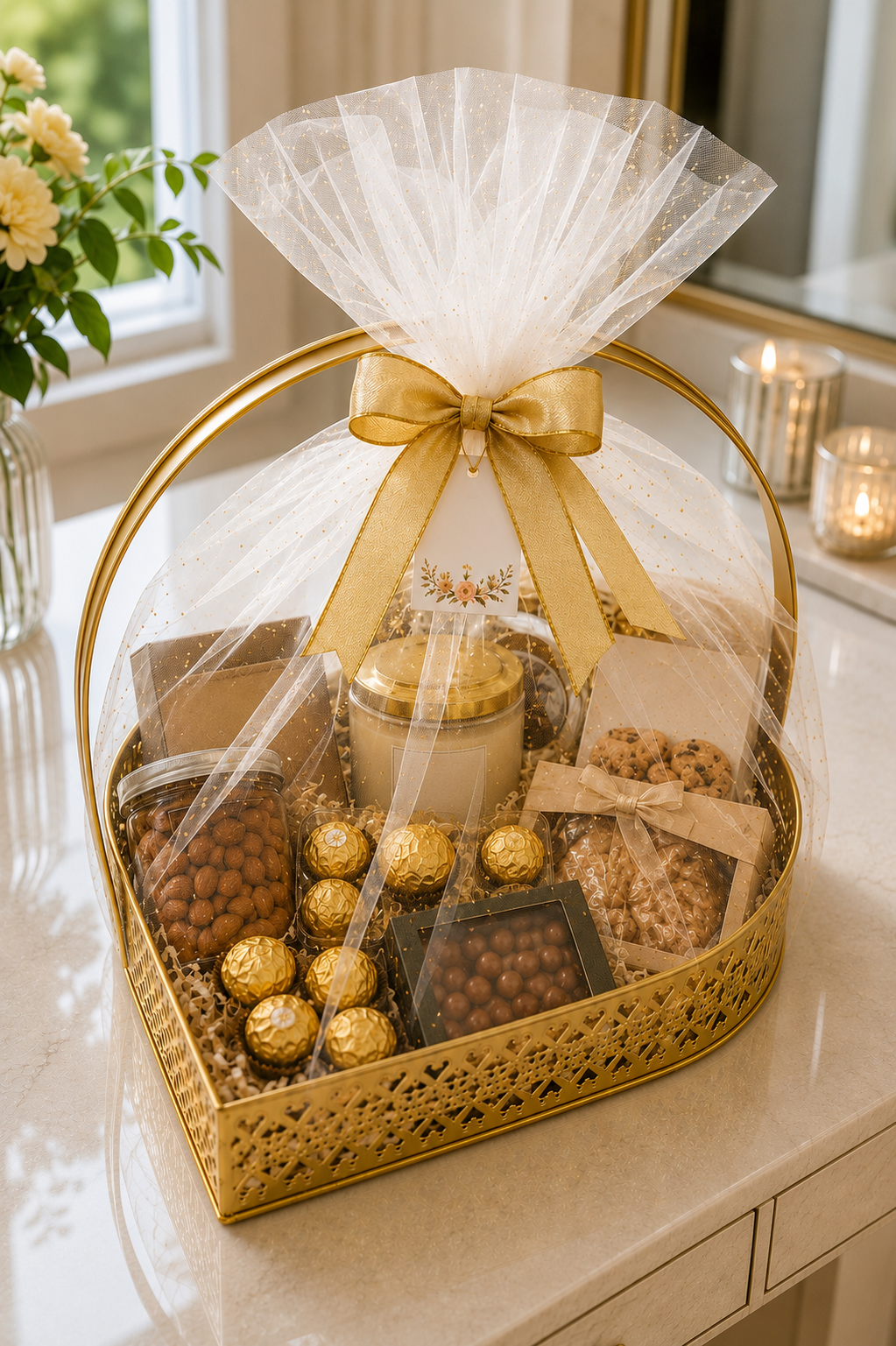 Premium Extra Large Heart-Shaped Metal Gift Hamper Basket with Handle | Decorative Gold Serving Tray for Dry Fruits, Chocolates, Gifts & Festive Hampers | Luxury Organizer for Home Décor, Weddings & Diwali