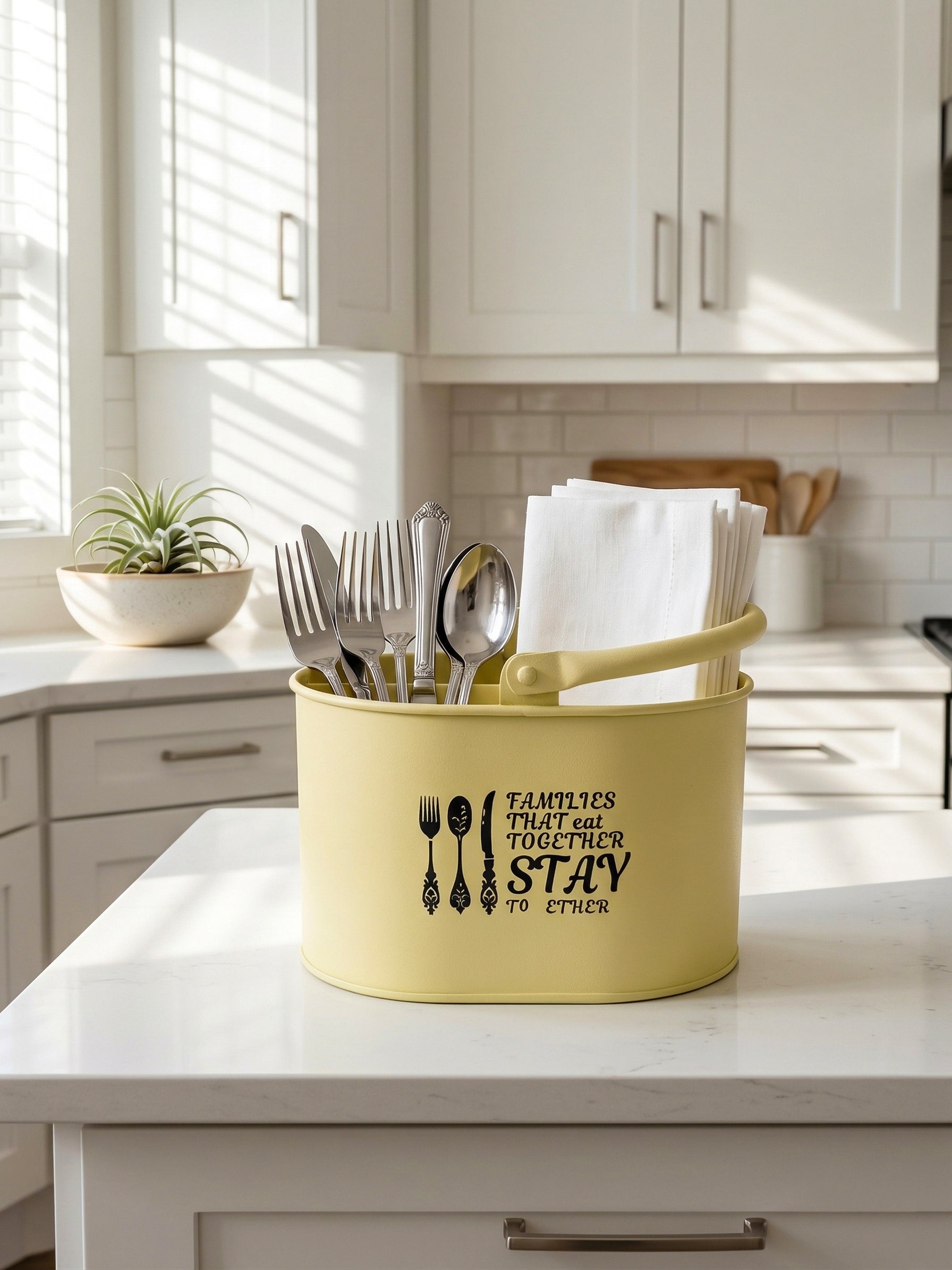 Premium Metal Cutlery Holder with Handle | 4 Compartment Utensil Caddy Basket Organizer | Portable Spoon, Fork, Knife & Napkin Stand for Kitchen, Dining Table & Home Storage