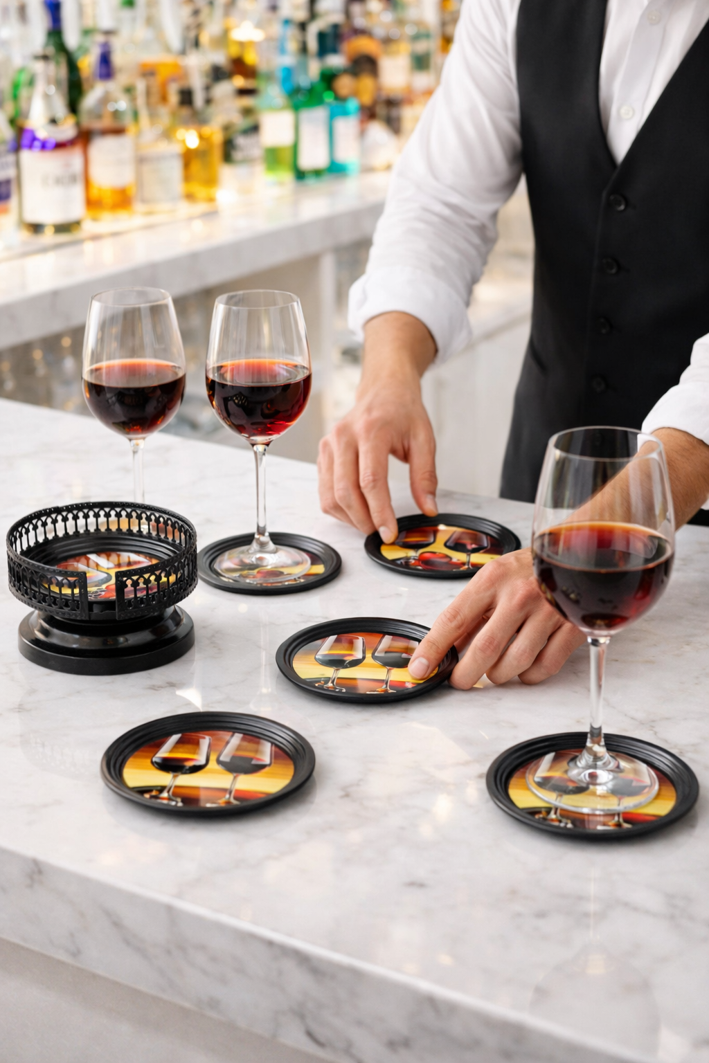 Resin Coated Metal Coaster Set of 6 with Stand | Wine Theme Black Tea Coffee Coasters | Waterproof Heat Resistant Table Coasters