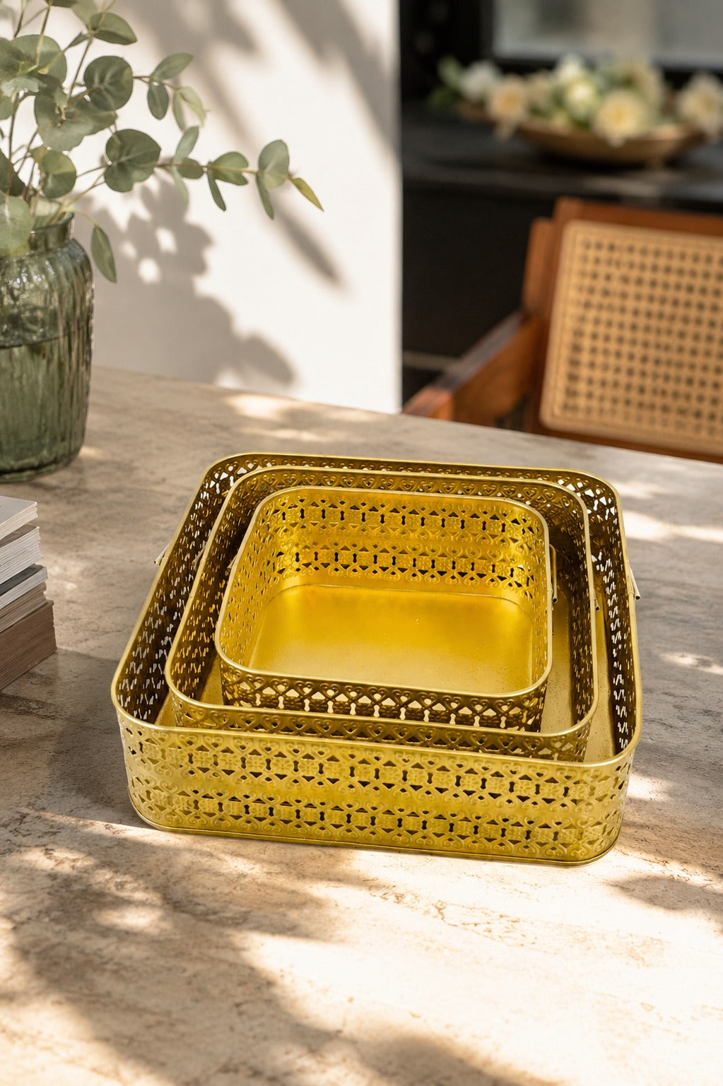 Premium Golden Metal Basket Set of 3 with Handle | Large, Medium & Small Multipurpose Storage Baskets | Gift Hamper, Fruit Basket, Kitchen Organizer, Vanity & Home Decor | Gold Finish