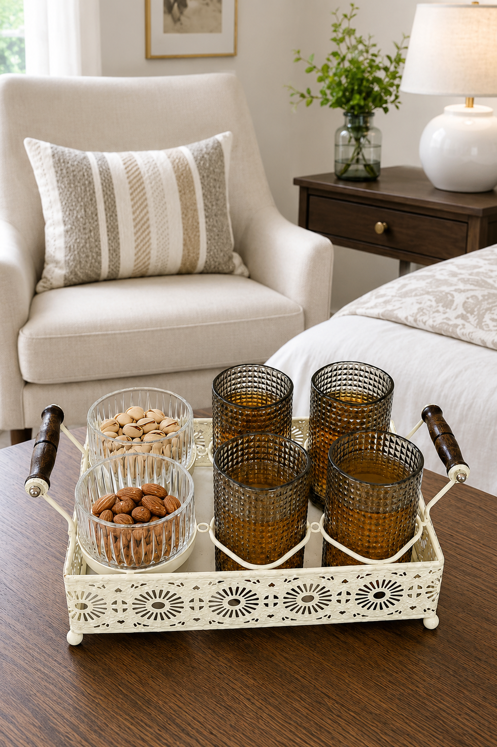 Premium Smoke Grey Glass Serving Set with Metal Tray | 4 Textured Drinking Glasses, 2 Glass Bowls & Decorative Metal Serving Tray with Wooden Handles | Elegant Snack & Beverage Set for Home