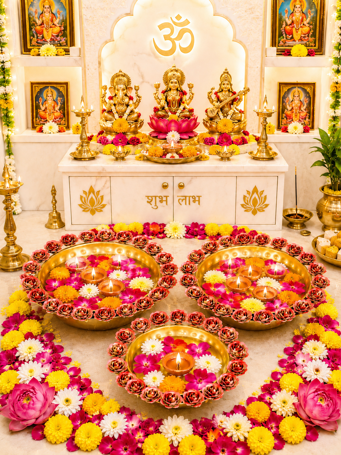 Premium Decorative Urli Bowl Set of 3 with Rose Rim Design | Hammered Metal Floating Flower Bowls for Water, Candles & Tea Lights | Diwali, Pooja, Wedding, Festival & Home Décor Centerpiece