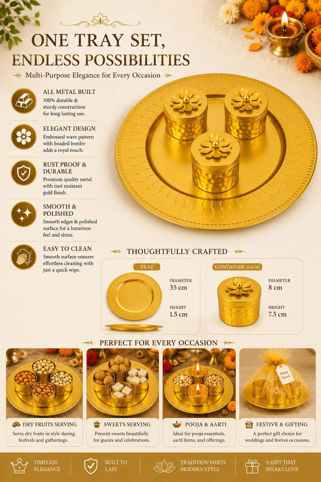 Premium All Metal Serving Tray Set with 3 Floral Containers | Decorative Dry Fruit, Sweet & Mukhwas Platter | Luxury Gold Pooja, Festive Gift Hamper & Home Décor Serving Set