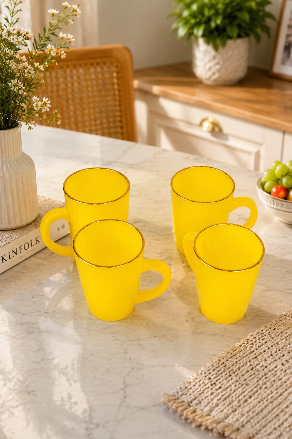 Set of 4 Yellow Glass Coffee Mugs with Designer Serving Tray | Premium Tea Coffee Cup Set | Decorative Serving Set for Home Kitchen & Gifting