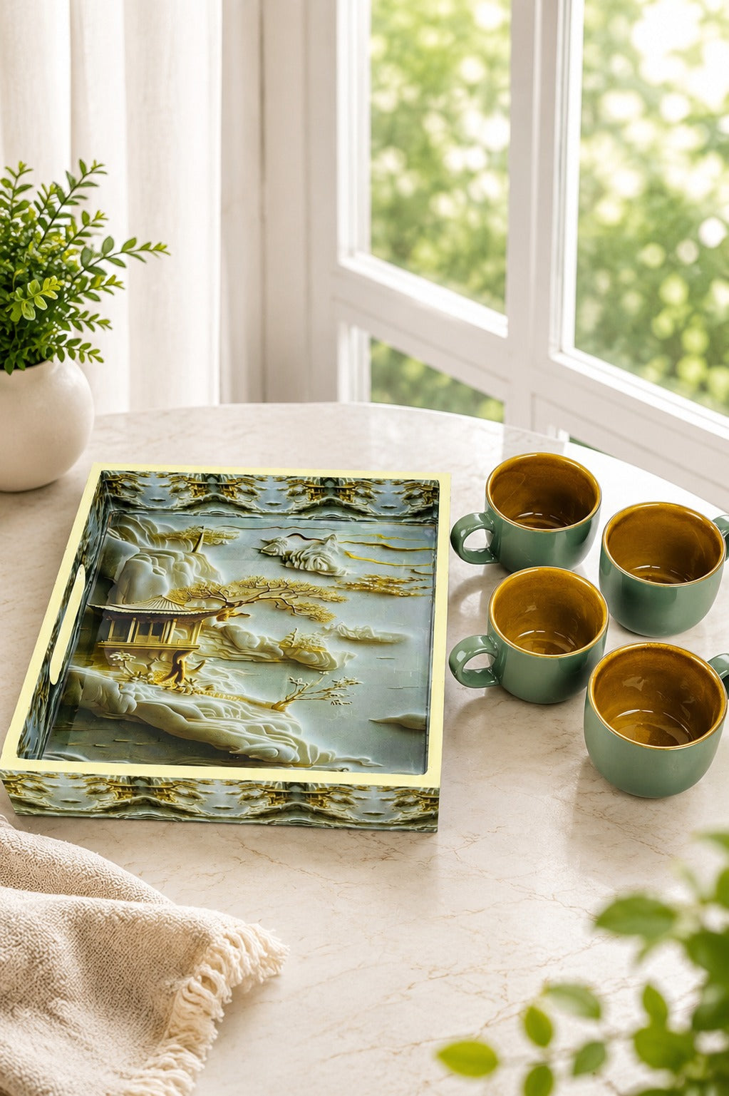 Set of 4 Ceramic Tea & Coffee Cups with Designer Serving Tray | Sage Green Coffee Mug Set | Premium Ceramic Cups for Home Kitchen & Gifting