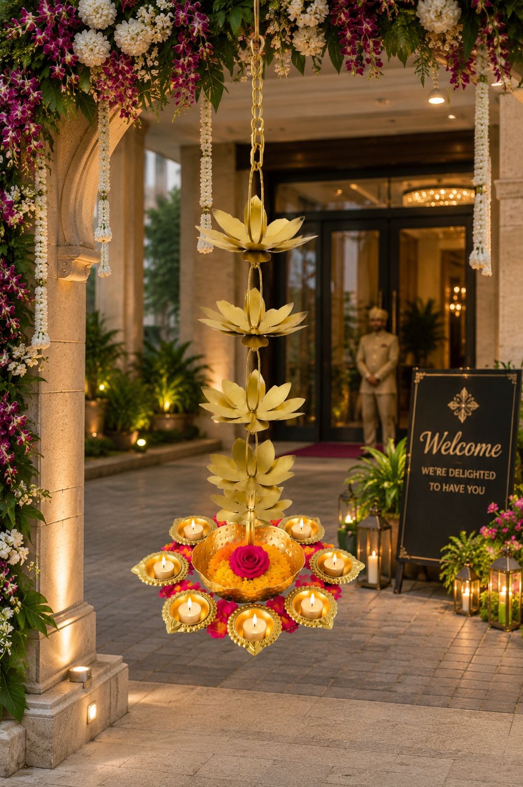 Premium Hanging Lotus Urli with 9 Diya Holders | Decorative Metal Hanging Urli for Floating Flowers, Candles & Water Décor | Traditional Hanging Diya Urli for Diwali, Pooja, Wedding & Home Decoration