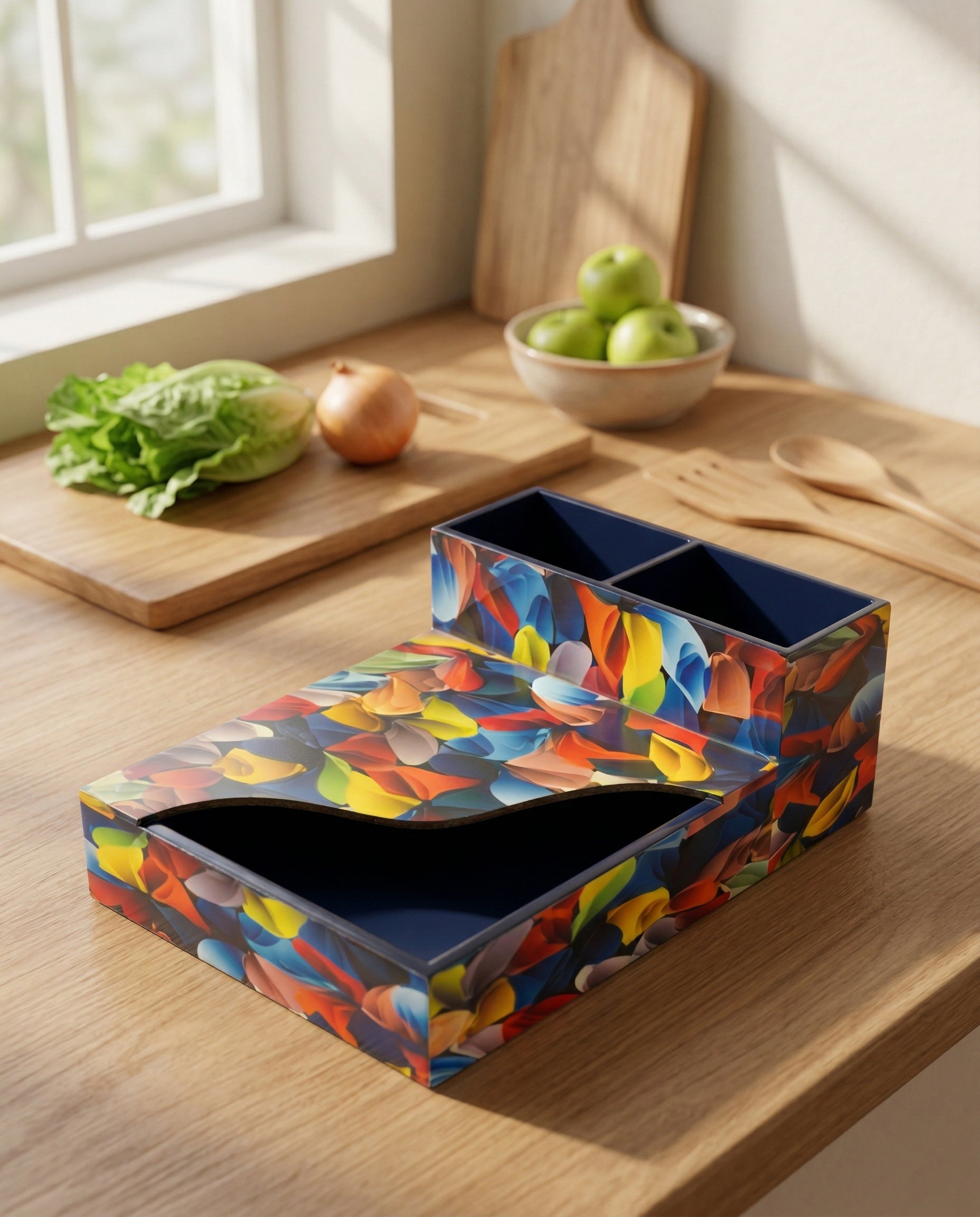Premium MDF Cutlery & Napkin Holder | Flower Petals Printed Wooden Organizer with Dual Compartments | Multipurpose Spoon Stand for Dining Table, Kitchen & Home Décor