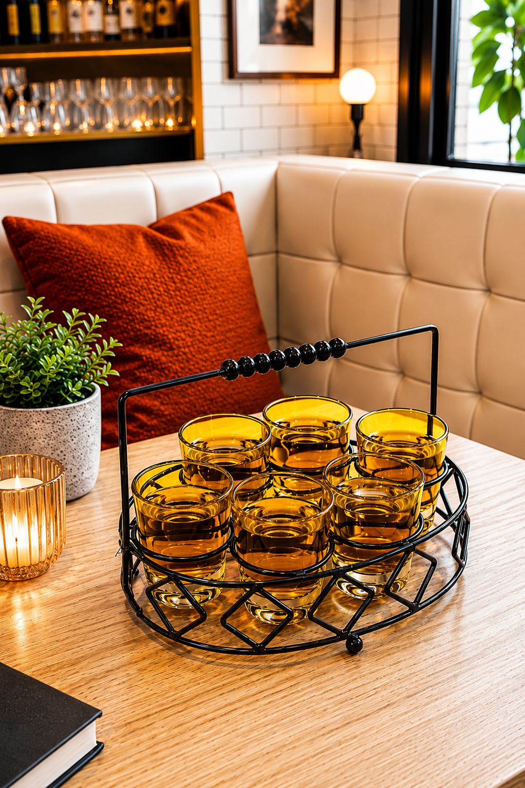 Premium Shot Glass Set of 6 with Metal Stand | 40ml Mini Whisky Vodka Tequila Glasses with Wooden Handle Carrier | Dhaba Style Serving Set for Home Bar & Parties