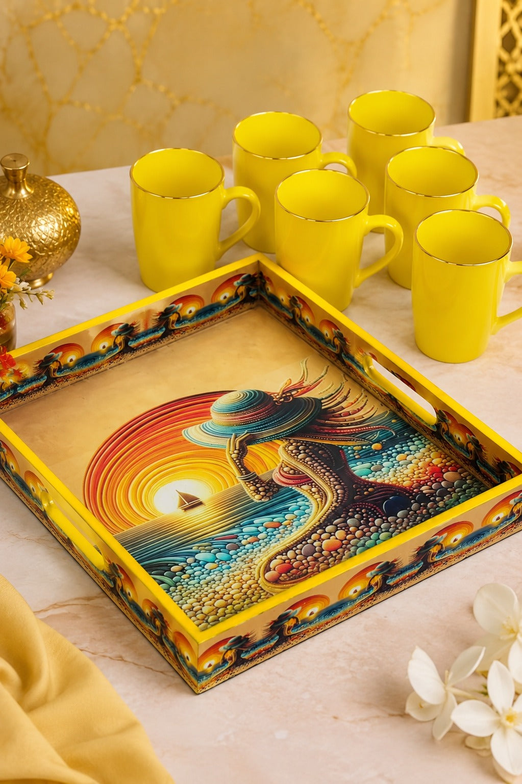 Premium 6 Yellow Glass Mug Set with Designer Serving Tray | Tea & Coffee Mug Set | Decorative Drinkware Set for Home, Office & Gifting