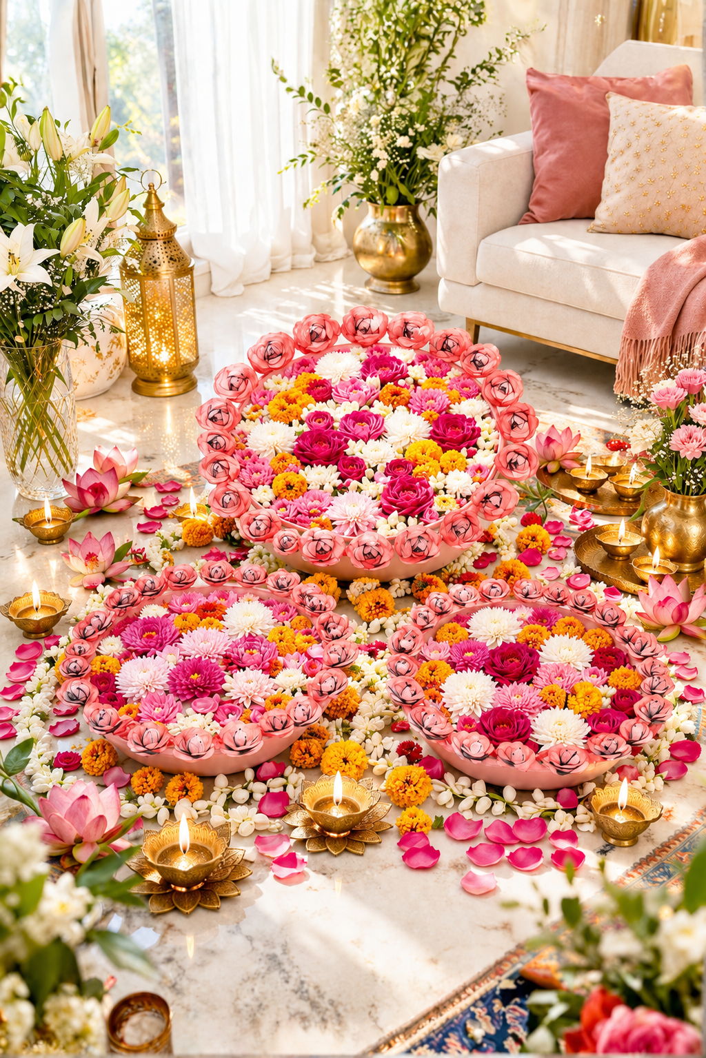 Decorative Metal Urli Bowl Set with Rose Border | Floating Flower & Candle Urli for Home & Festival Decor (Set of 3, Pink)