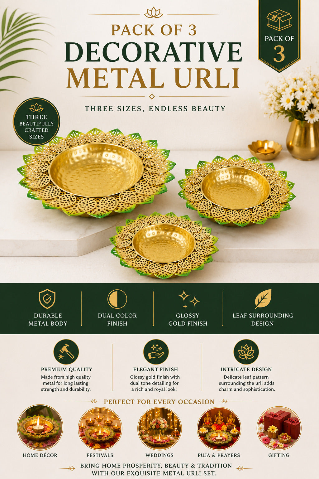 Decorative Lotus Metal Urli Bowl Set for Floating Flowers & Candles | Designer Festival & Home Decor (Set of 3, Green & Gold)