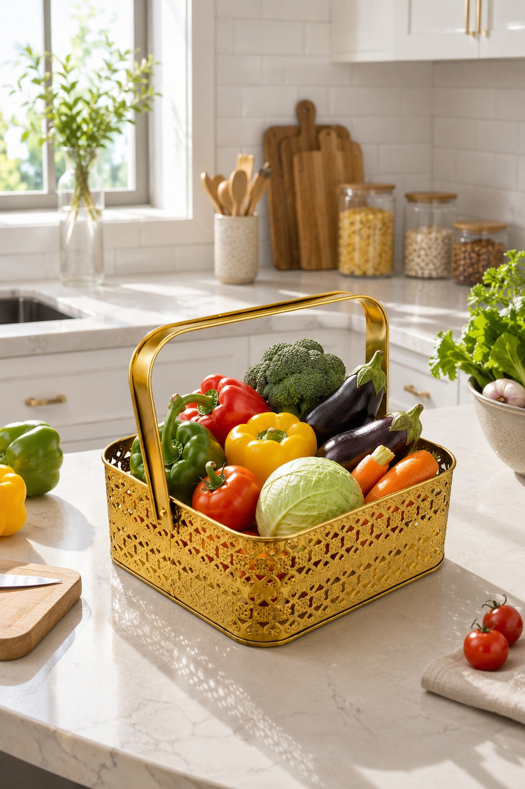 Premium Golden Metal Gift Basket with Handle | Small Decorative Storage Basket | Multipurpose Fruit Basket, Dry Fruit Hamper, Pooja Basket, Vanity Organizer & Home Decor | 21 x 21 x 9 cm