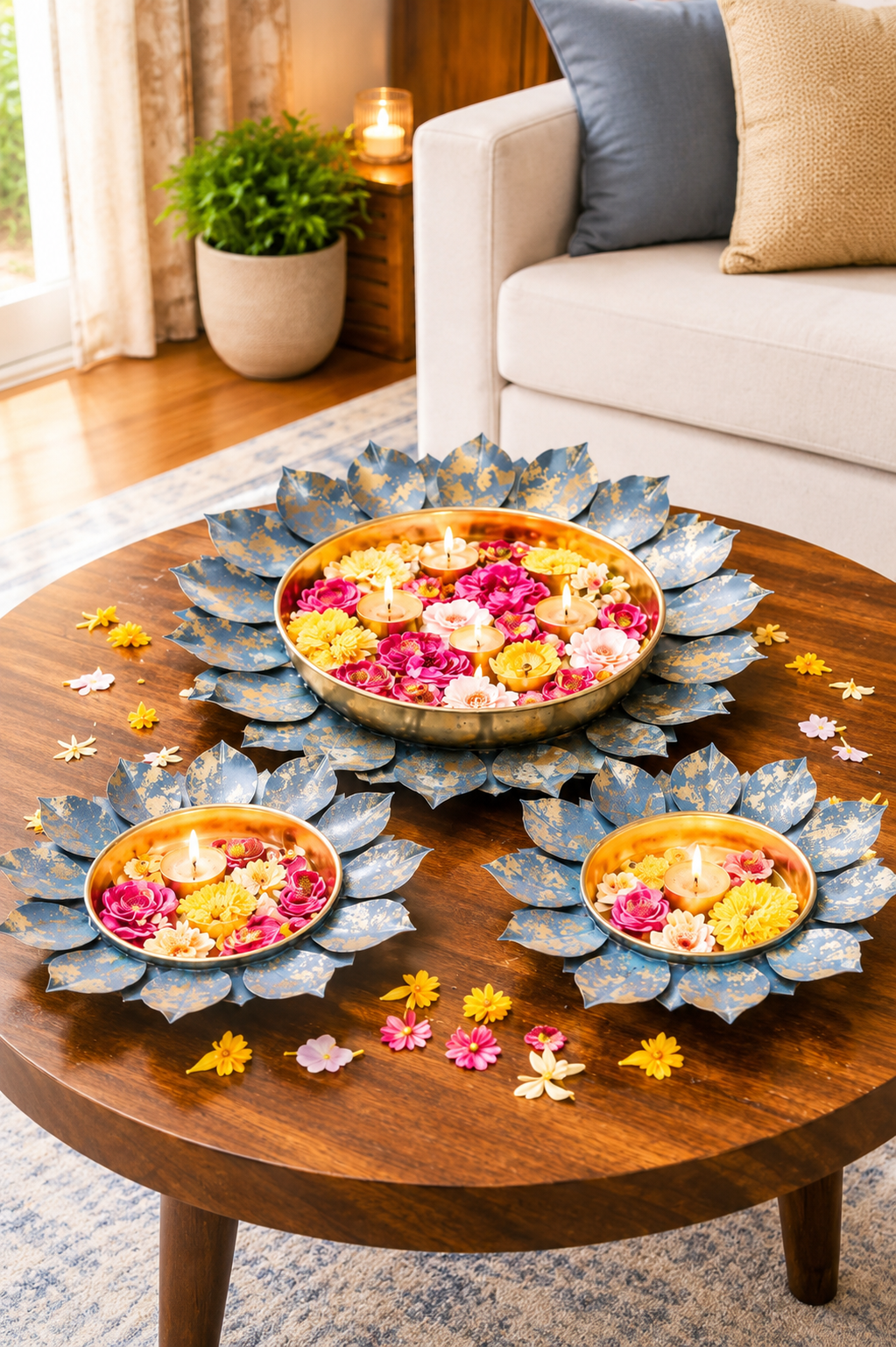 Decorative Lotus Metal Urli Bowl Set for Floating Flowers & Candles | Designer Festival & Entrance Decor (Set of 3, Blue & Gold)