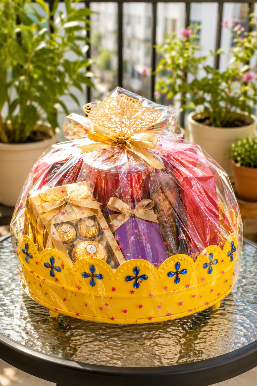 Premium Decorative Metal Round Tray (Yellow) | Yellow Multipurpose Gift Hamper Basket | Floral Serving Tray | Fruit, Cosmetics, Organizer & Home Decor Tray | 19 cm