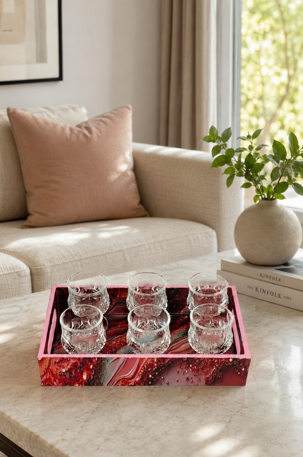 Premium Designer Shot Glass Set with Resin Serving Tray | 6 Crystal Clear Heavy Base Shot Glasses for Whiskey, Vodka, Tequila, Rum, Liqueur & Espresso Shots | Elegant Barware Gift Set for Home Bar