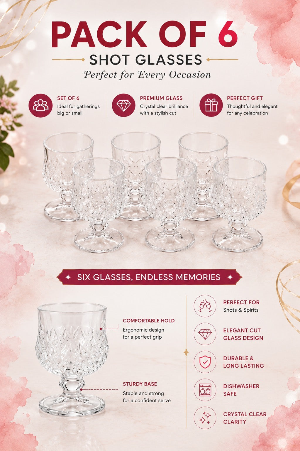 Premium Designer Shot Glass Set with Resin Serving Tray | 6 Crystal Clear Heavy Base Shot Glasses for Whiskey, Vodka, Tequila, Rum, Liqueur & Espresso Shots | Elegant Barware Gift Set for Home Bar