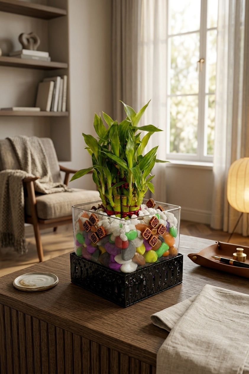 Lucky Bamboo Plant in Square Glass Vase with Decorative Pebbles & Metal Base | Indoor Feng Shui Good Luck Plant for Home & Office Décor