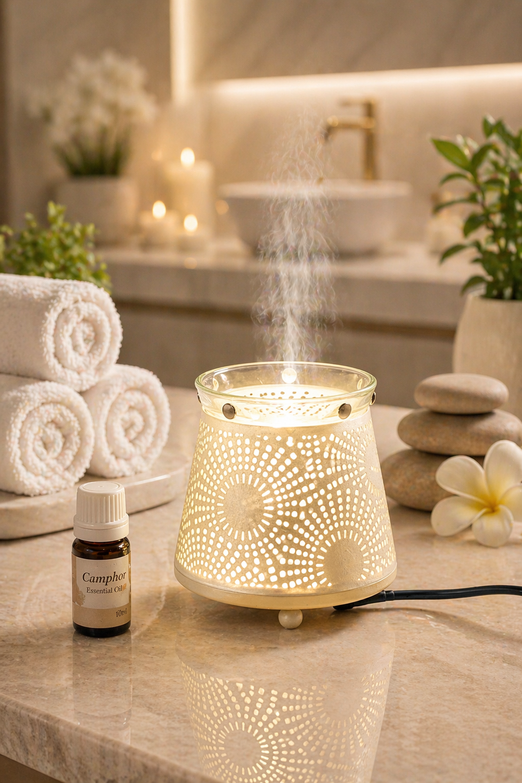 White & Gold Electric Aroma Diffuser with Perforated Design | Essential Oil Burner Lamp with Glass Bowl for Home, Spa & Relaxation | Decorative Fragrance Diffuser for Bedroom & Gifting