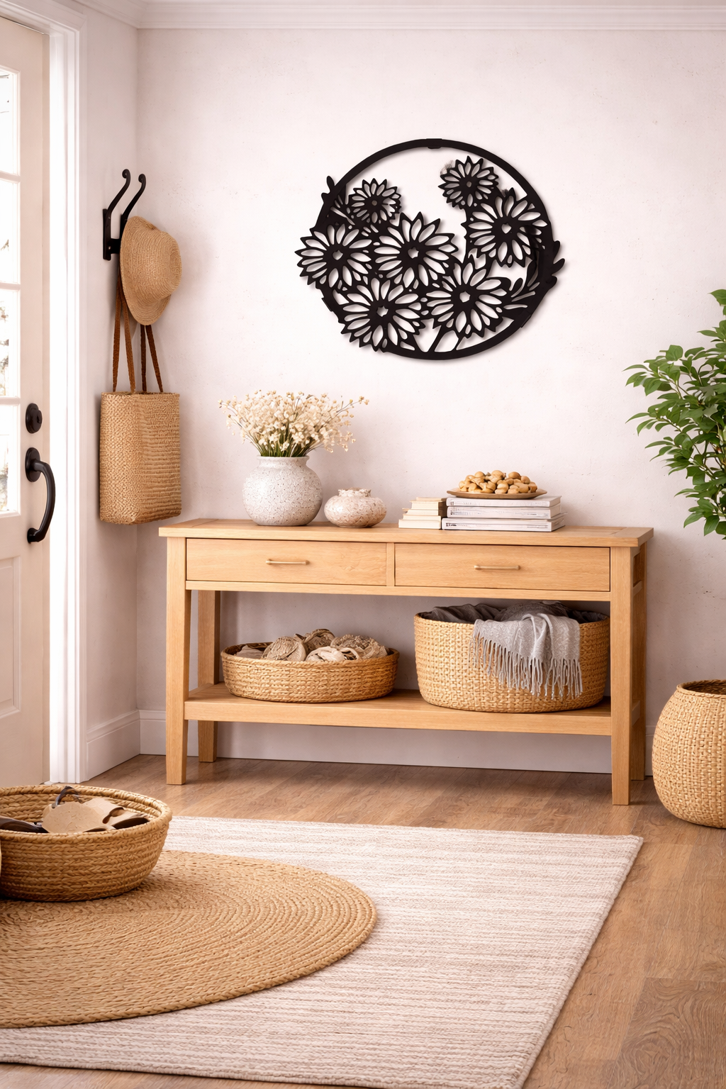 Premium Floral Metal Wall Art | Round Black Flower Design Wall Decor | Laser Cut Iron Wall Hanging | Elegant Living Room Bedroom Kitchen Decoration | Modern Minimal Art