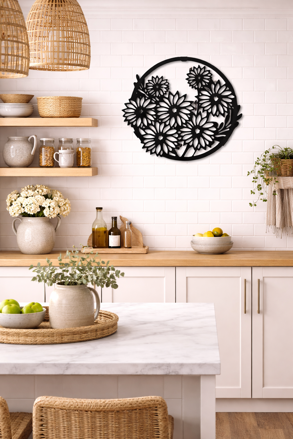 Premium Floral Metal Wall Art | Round Black Flower Design Wall Decor | Laser Cut Iron Wall Hanging | Elegant Living Room Bedroom Kitchen Decoration | Modern Minimal Art