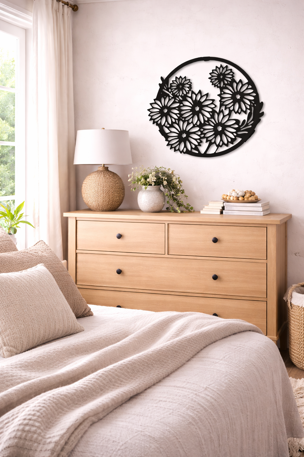 Premium Floral Metal Wall Art | Round Black Flower Design Wall Decor | Laser Cut Iron Wall Hanging | Elegant Living Room Bedroom Kitchen Decoration | Modern Minimal Art