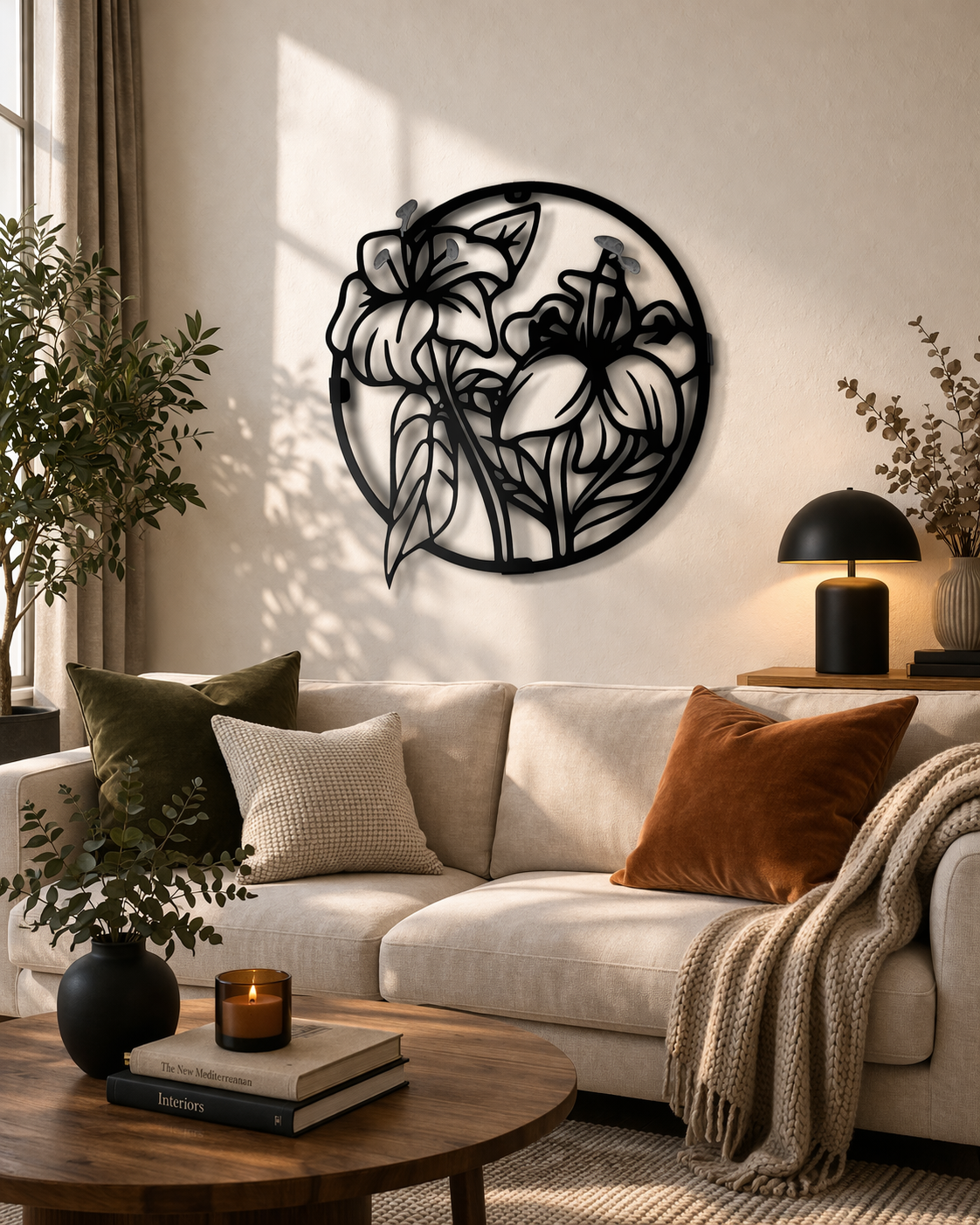 Premium Floral Metal Wall Art | Round Black Leaf Flower Design Wall Decor | Laser Cut Iron Wall Hanging | Elegant Living Room Bedroom Home Decoration | Modern Minimal Wall Accent