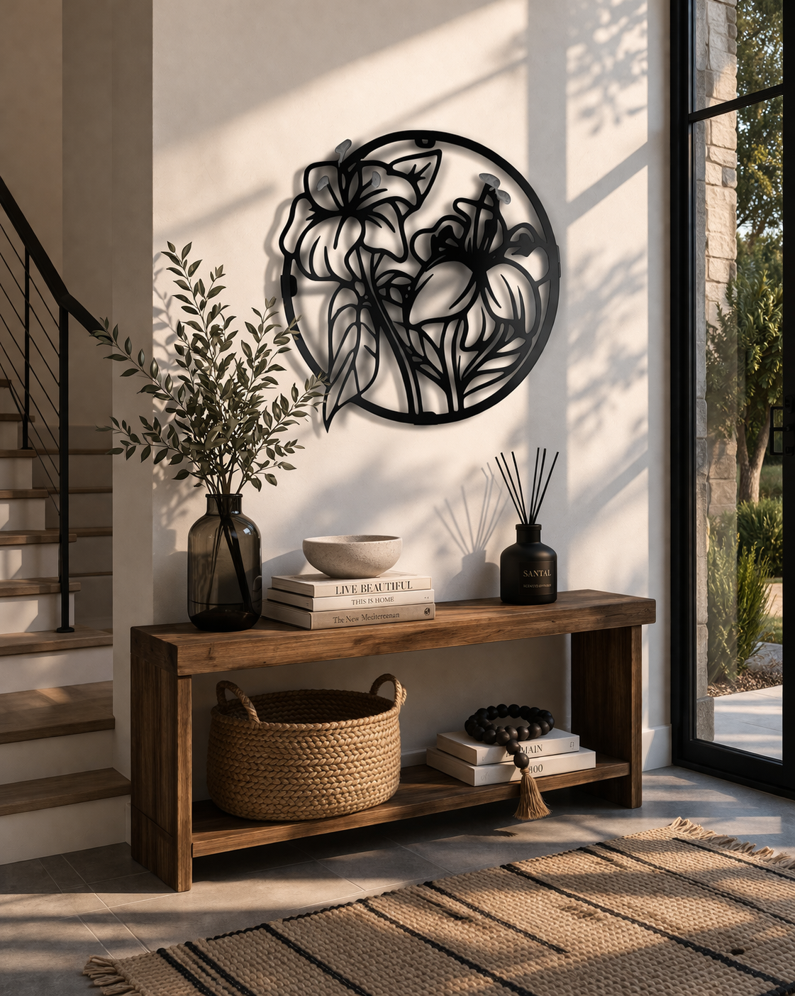 Premium Floral Metal Wall Art | Round Black Leaf Flower Design Wall Decor | Laser Cut Iron Wall Hanging | Elegant Living Room Bedroom Home Decoration | Modern Minimal Wall Accent