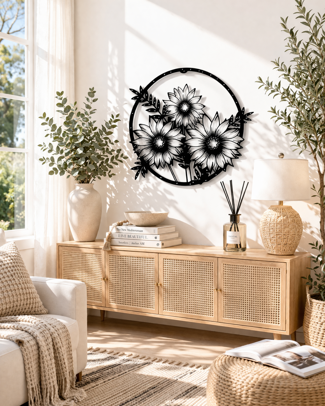 Premium Floral Metal Wall Art | Round Black Daisy Flower Design Wall Decor | Laser Cut Iron Wall Hanging | Elegant Living Room Bedroom Dining Decoration | Modern Minimal Wall Accent