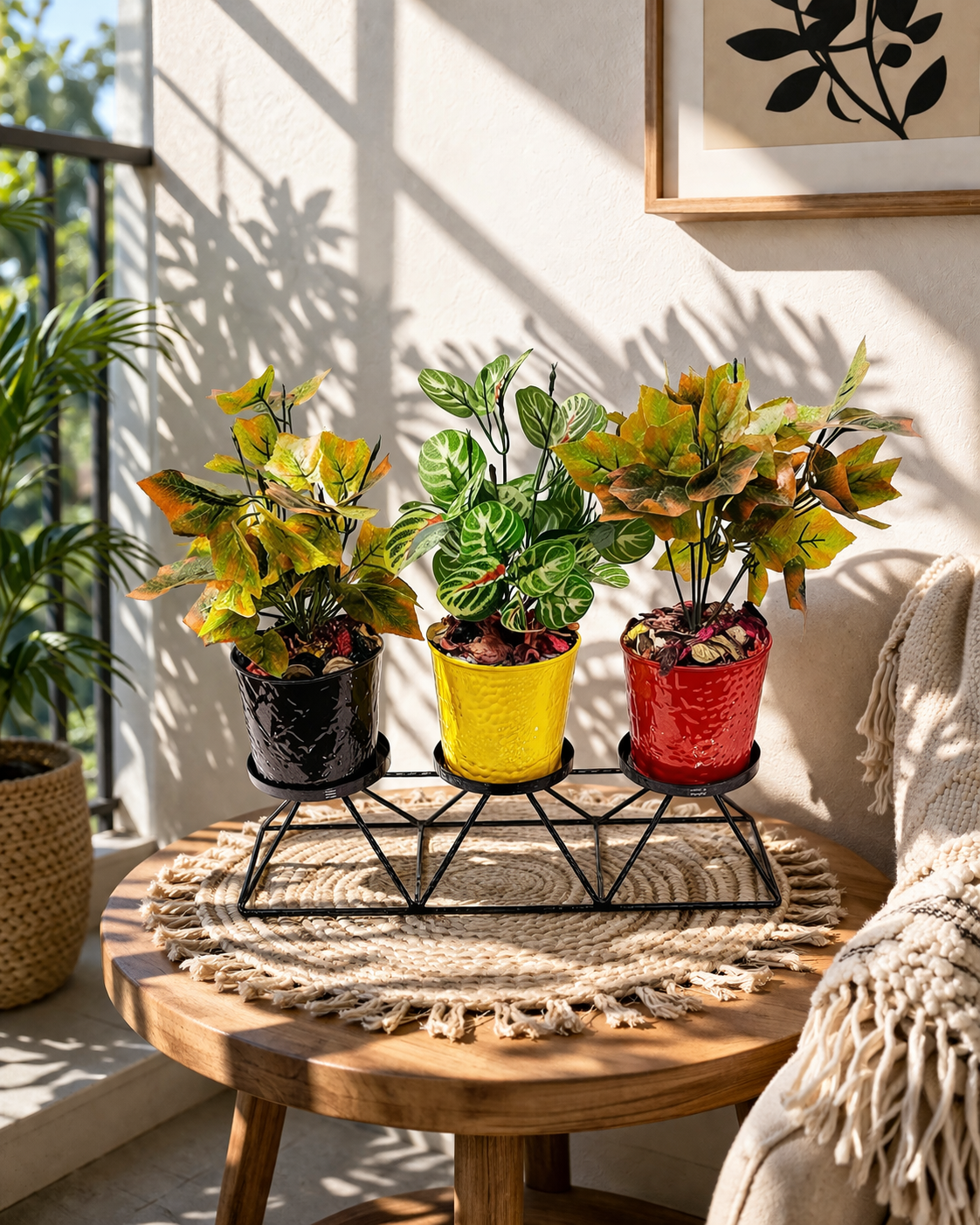 Premium 3 Pot Metal Planter Stand | Multicolor Decorative Plant Pots with Iron Holder | Indoor Tabletop Planter Set | Modern Home Kitchen Office Garden Décor