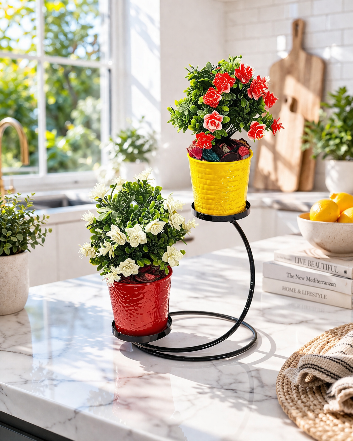 Premium 2 Pot Metal Planter Stand | Multicolor Decorative Plant Pots with Circular Iron Holder | Indoor Tabletop Planter Set | Modern Home Living Room Office Garden Décor