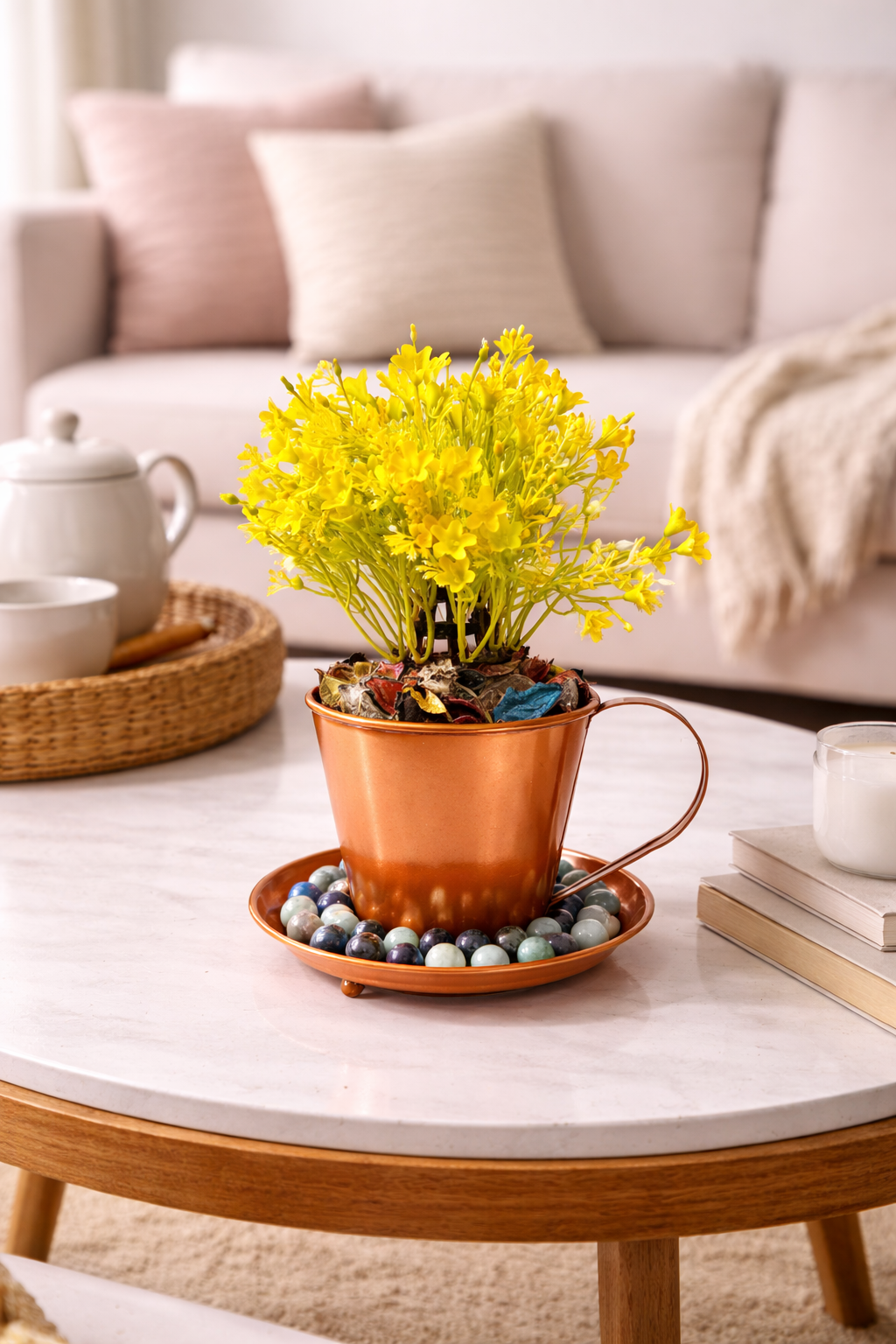 Premium Cup Style Metal Planter with Tray | Decorative Coffee Mug Planter with Pebble Base | Indoor Tabletop Flower Pot | Elegant Home Living Room Office Décor