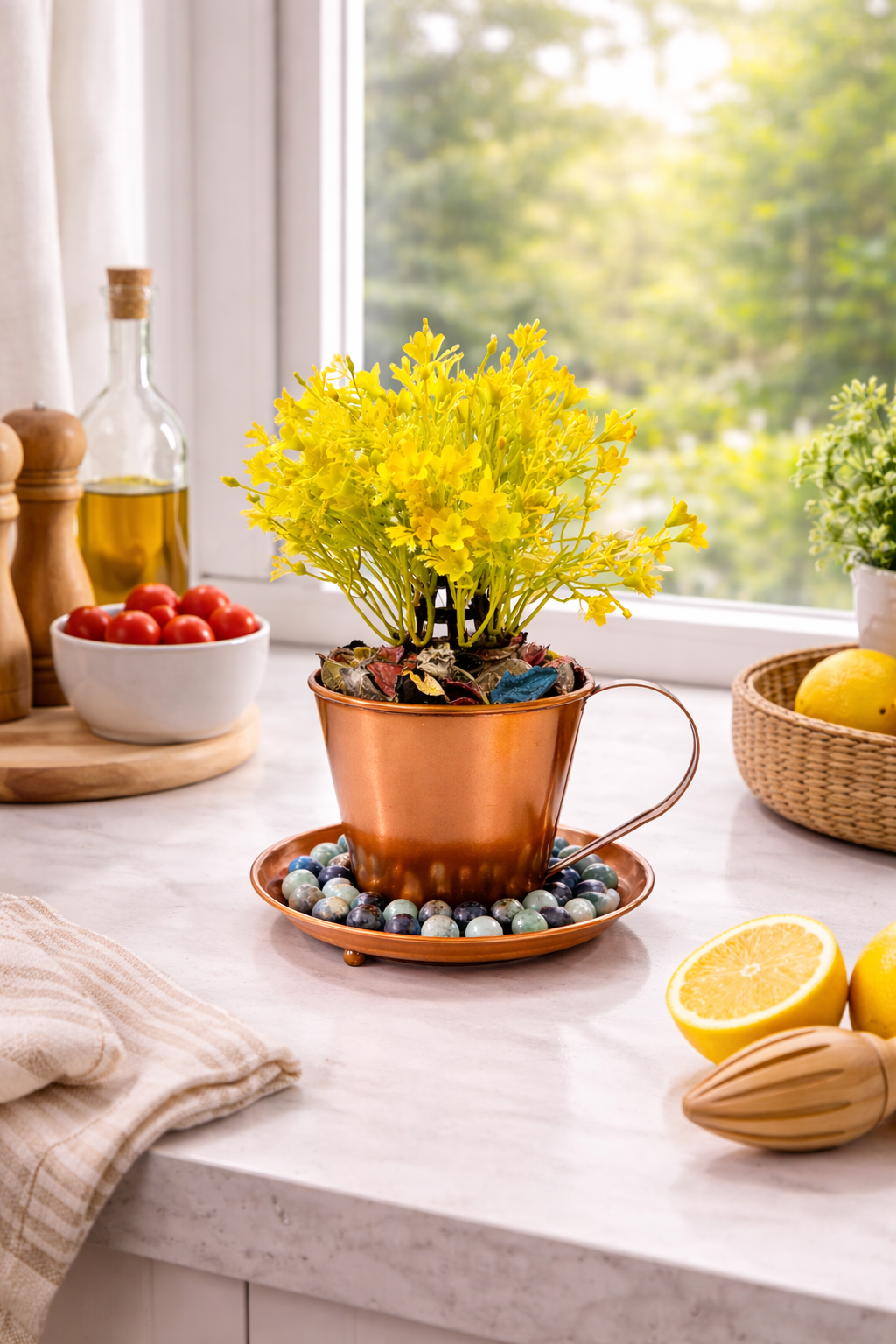 Premium Cup Style Metal Planter with Tray | Decorative Coffee Mug Planter with Pebble Base | Indoor Tabletop Flower Pot | Elegant Home Living Room Office Décor