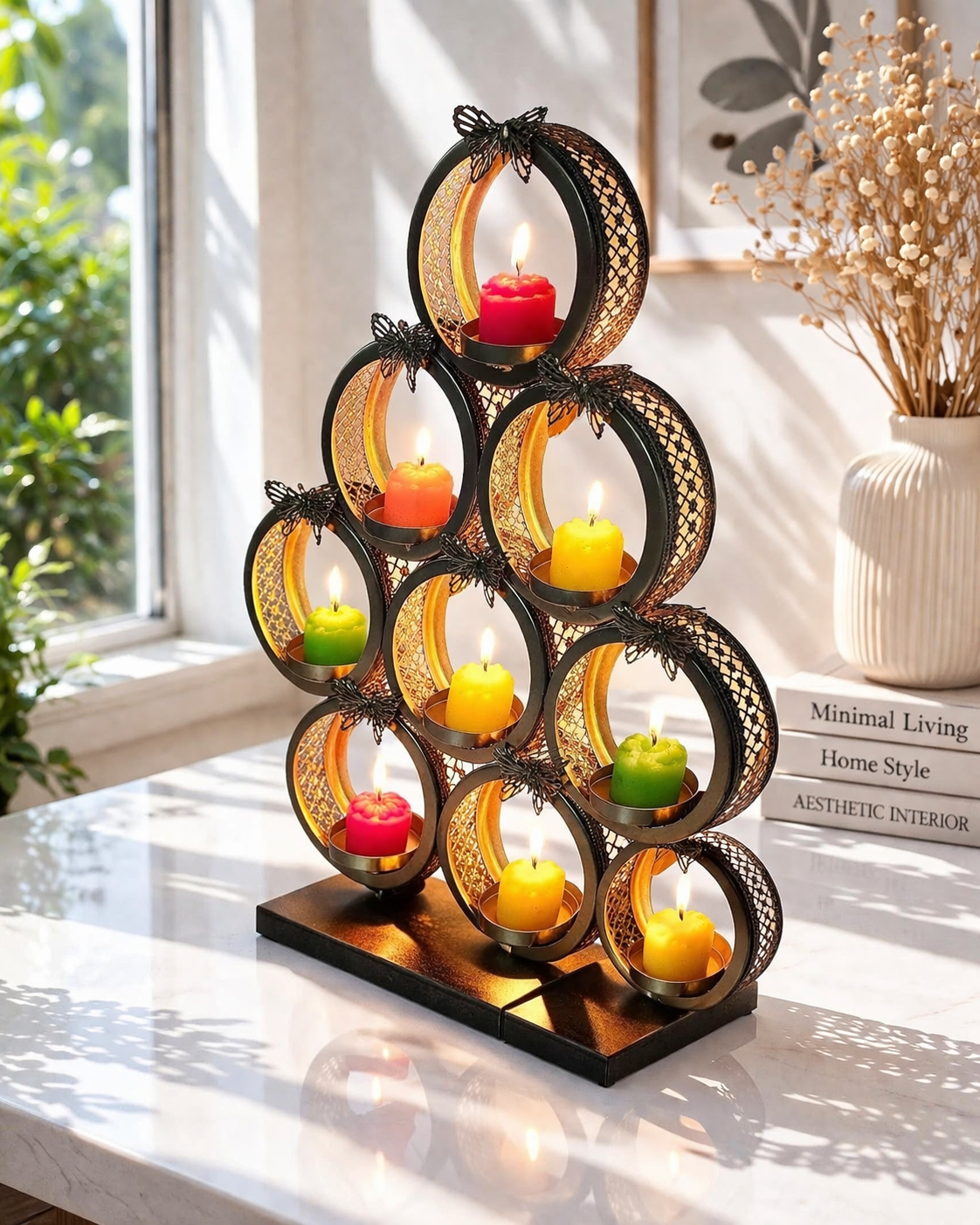 Premium Metal Tea Light Candle Holder Tree Design | 9 Cup Candle Stand with Butterfly Accents | Decorative Tabletop Diya Stand for Home Living Room Festive Décor