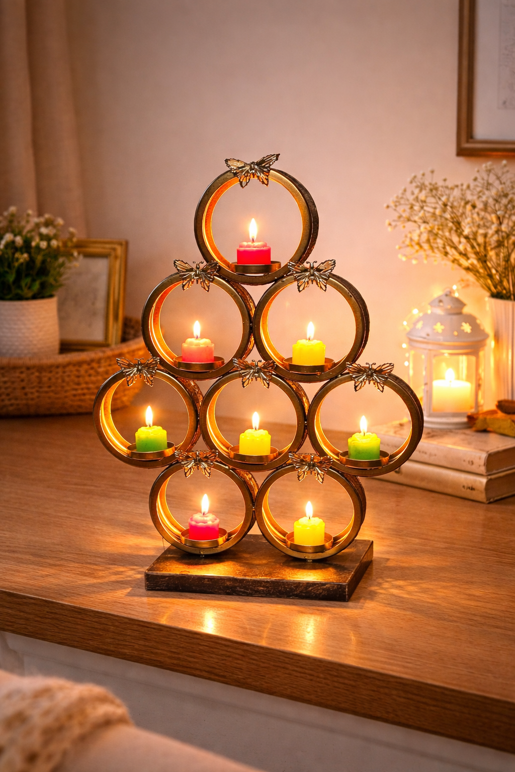 Premium Metal Tea Light Candle Holder Tree Design | 9 Cup Candle Stand with Butterfly Accents | Decorative Tabletop Diya Stand for Home Living Room Festive Décor