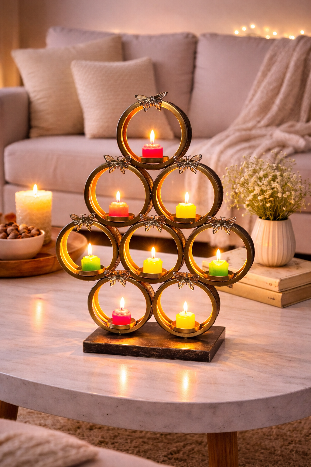 Premium Metal Tea Light Candle Holder Tree Design | 9 Cup Candle Stand with Butterfly Accents | Decorative Tabletop Diya Stand for Home Living Room Festive Décor