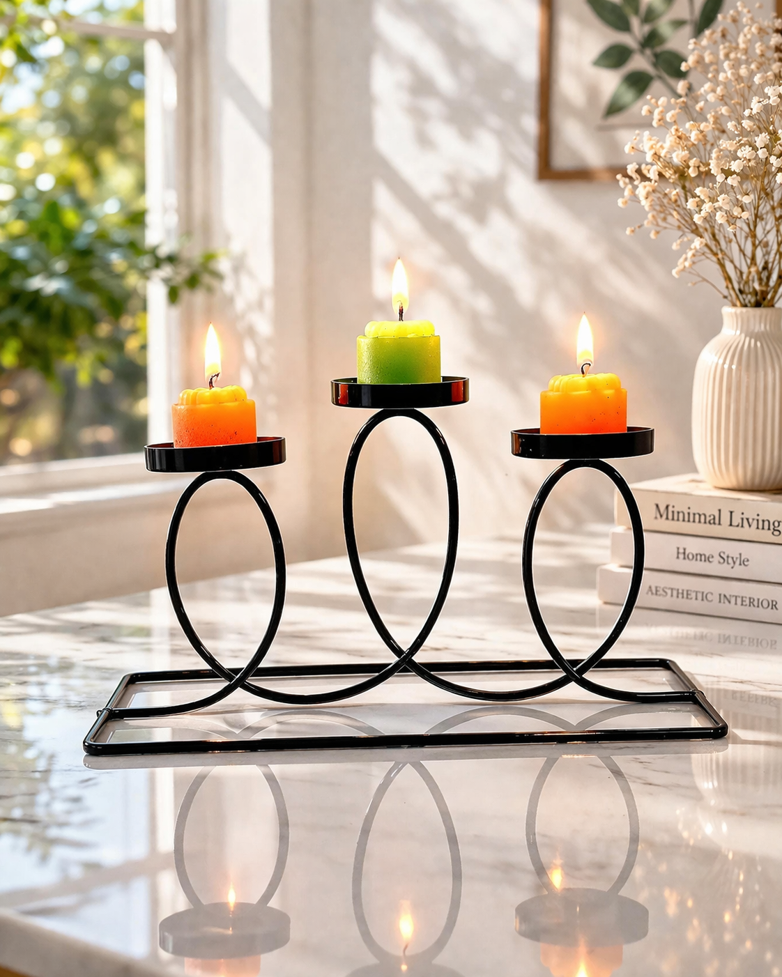 Modern Metal Tea Light Candle Holder | 3 Cup Oval Ring Design Table Candle Stand | Decorative Centerpiece for Home Living Room & Festive Décor