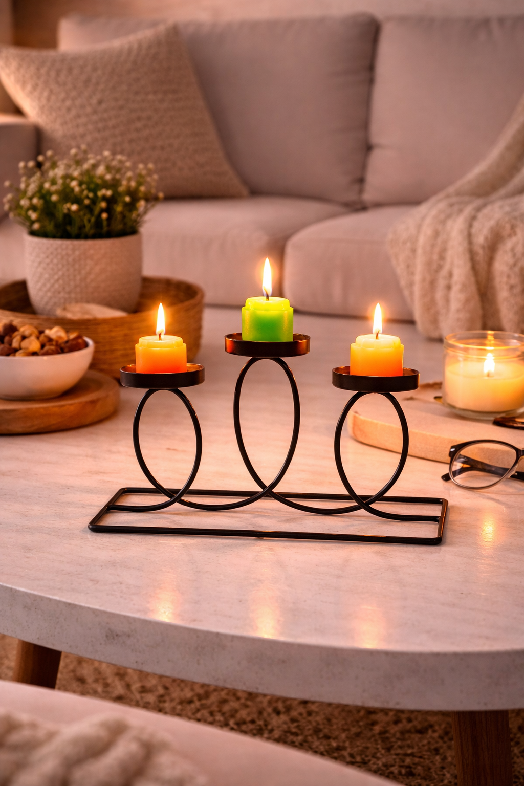 Modern Metal Tea Light Candle Holder | 3 Cup Oval Ring Design Table Candle Stand | Decorative Centerpiece for Home Living Room & Festive Décor