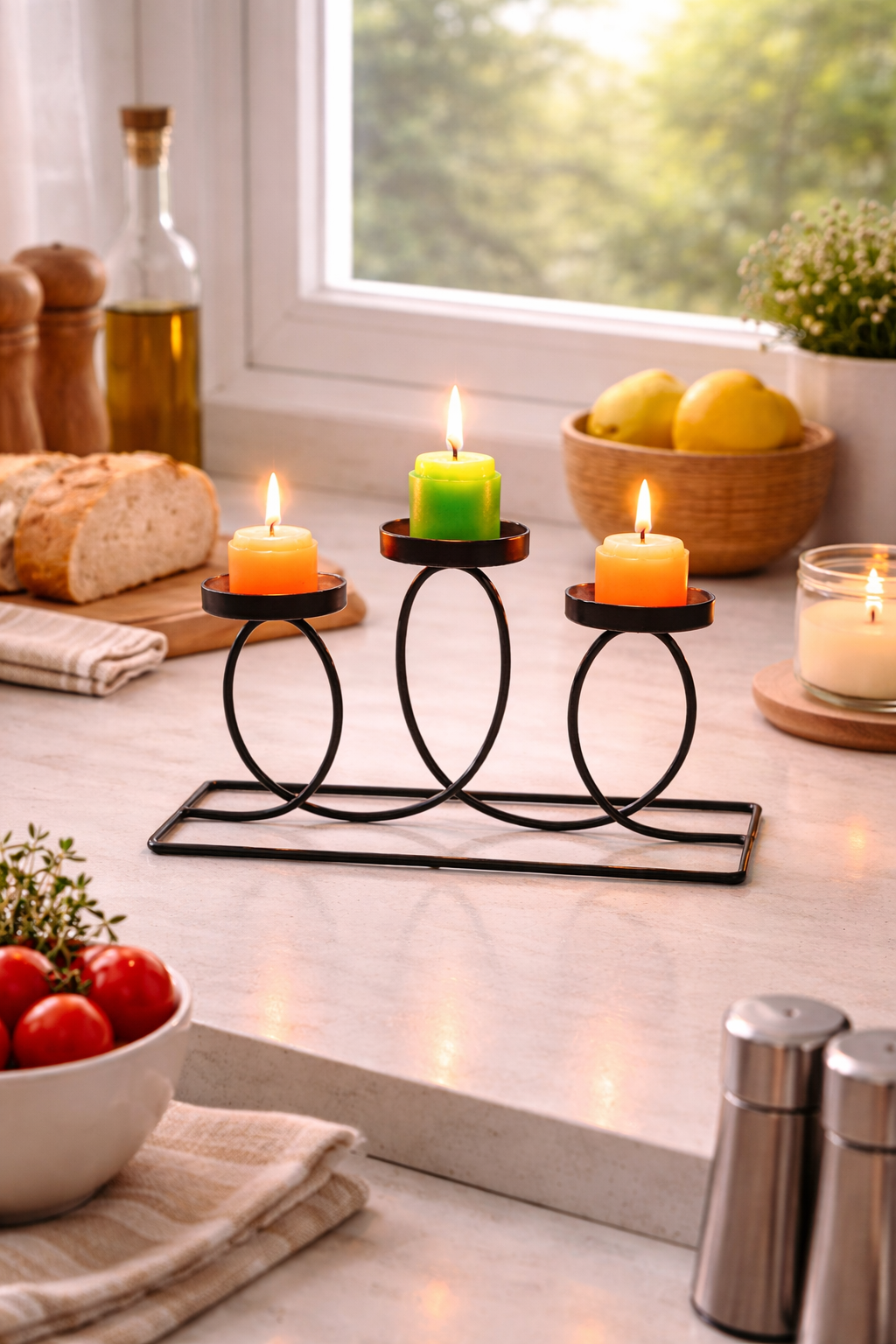 Modern Metal Tea Light Candle Holder | 3 Cup Oval Ring Design Table Candle Stand | Decorative Centerpiece for Home Living Room & Festive Décor