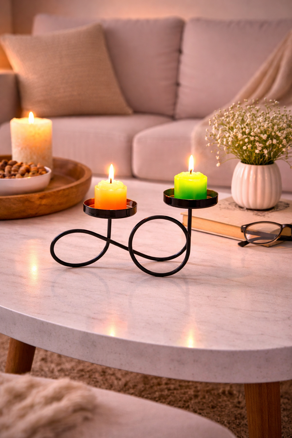 Modern Metal Tea Light Candle Holder | 2 Cup Infinity Loop Design Candle Stand | Minimal Decorative Tabletop Holder for Home & Festive Décor