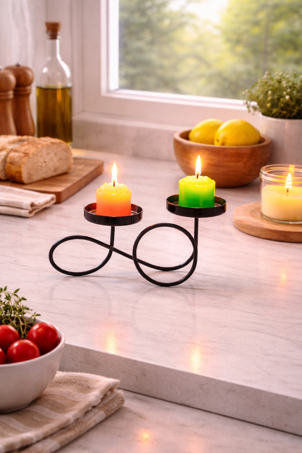 Modern Metal Tea Light Candle Holder | 2 Cup Infinity Loop Design Candle Stand | Minimal Decorative Tabletop Holder for Home & Festive Décor