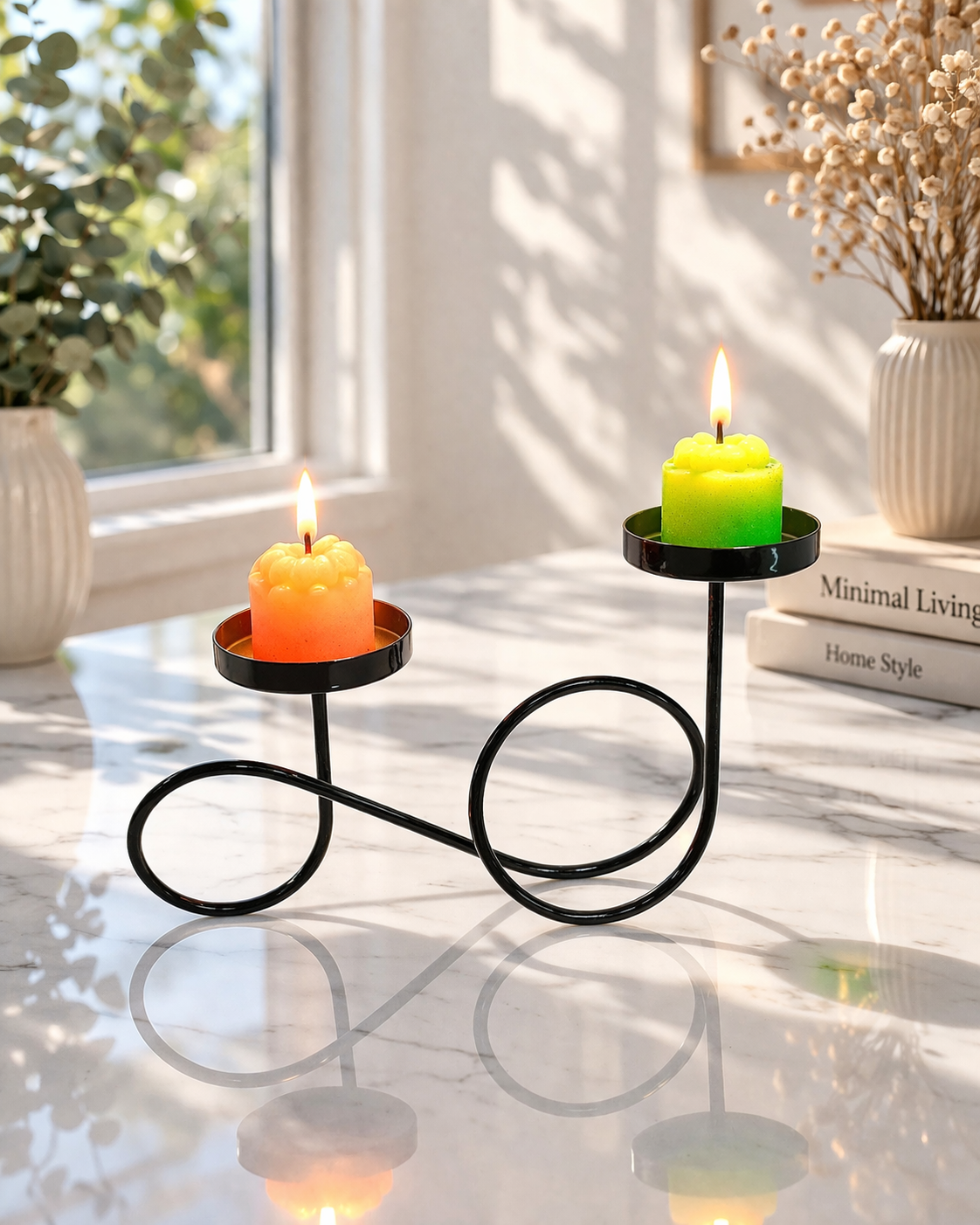 Modern Metal Tea Light Candle Holder | 2 Cup Infinity Loop Design Candle Stand | Minimal Decorative Tabletop Holder for Home & Festive Décor