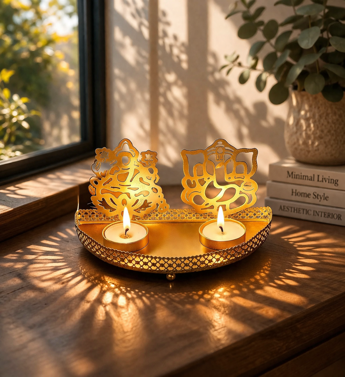 Modern Metal Ganesha Ji & Laxmi Ji Tea Light Candle Holder | 2 Cup Wall Mounted Diya Stand | Decorative Spiritual Wall Décor for Home & Festive Lighting