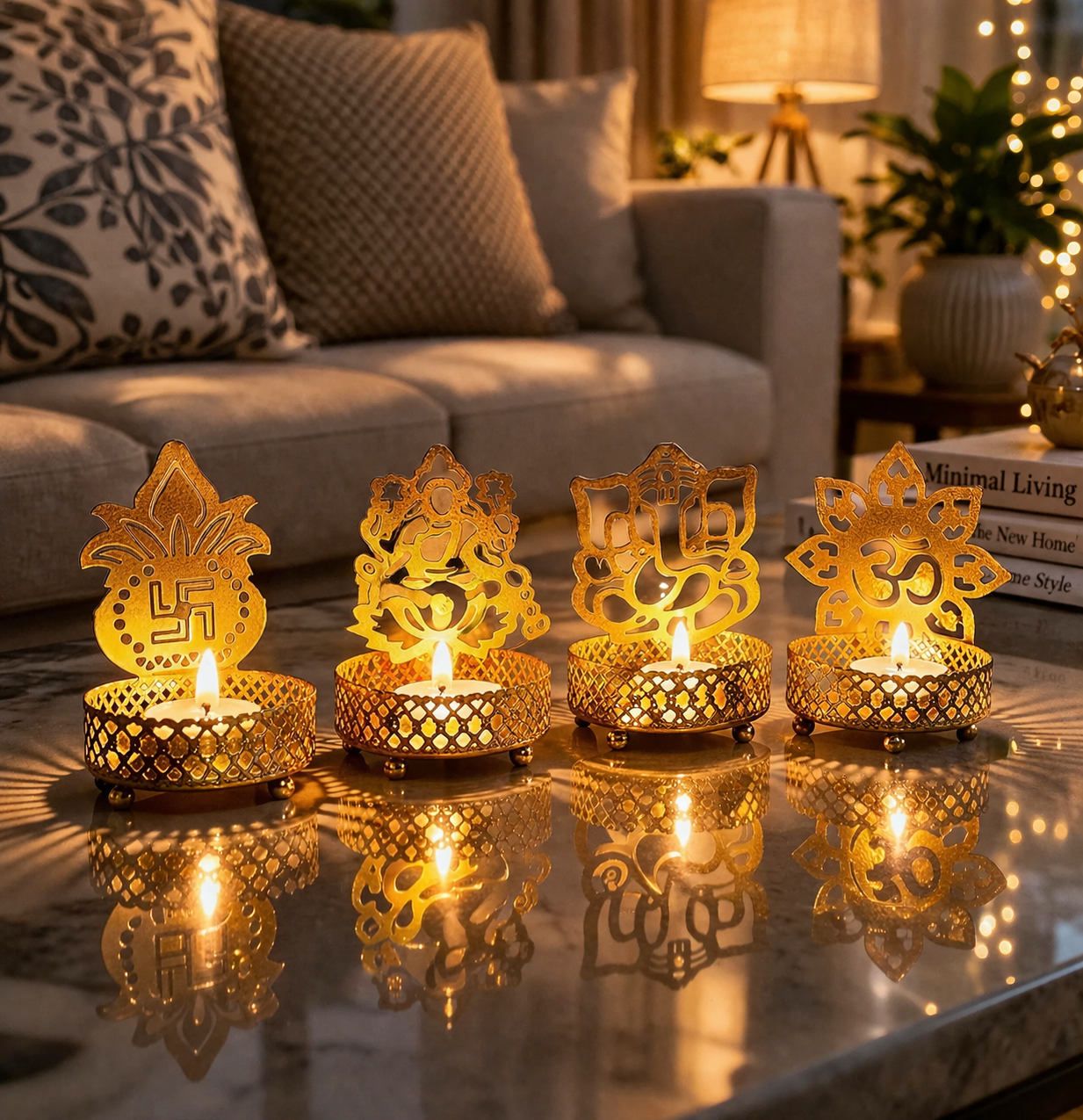 Modern Metal Tea Light Candle Holder Set | 4 Piece Spiritual Design Diya Stand | Decorative Table Décor for Home & Festive Lighting